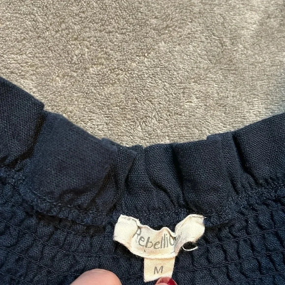 Navy Blue Off the Shoulder Shirt with Embroidery | Rebellion Off the Shoulder - Picture 11 of 13